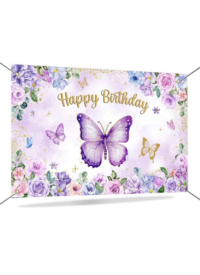 Mocsicka Mocsicka Butterfly Birthday Banner Purple Butterfly Birthday Backdrop for Party Girls Purple Pink Floral Gold Glitter Butterfly Birthday Decorations Banner Background 70.8 x 43.3 Inch  - Image 1