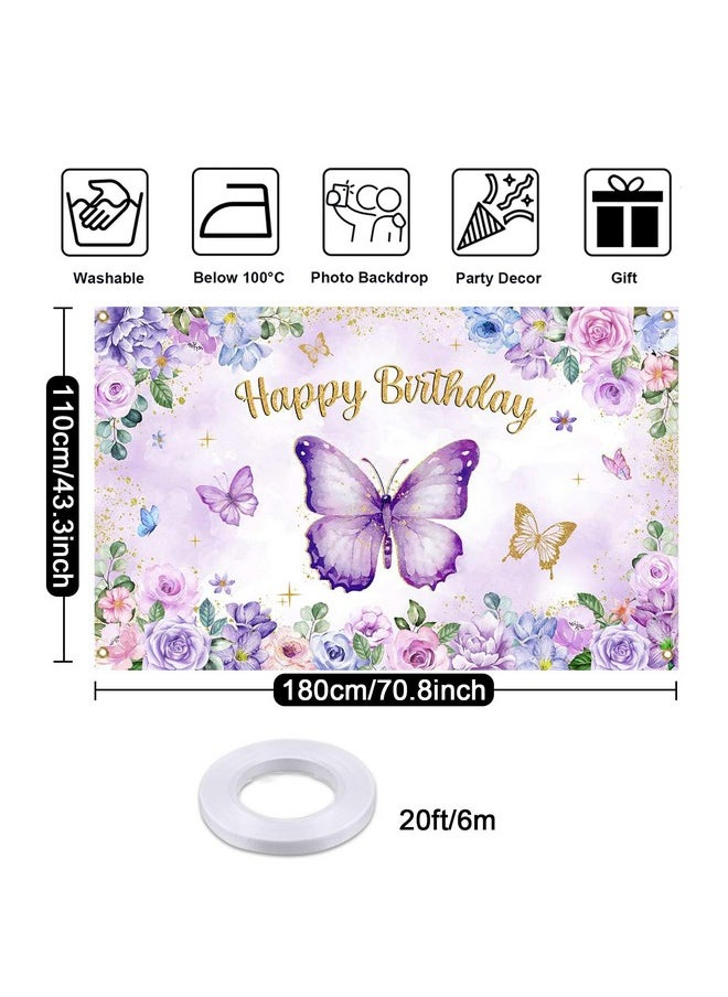 Mocsicka Mocsicka Butterfly Birthday Banner Purple Butterfly Birthday Backdrop for Party Girls Purple Pink Floral Gold Glitter Butterfly Birthday Decorations Banner Background 70.8 x 43.3 Inch  - Image 5
