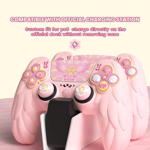 PlayVital Magic Wings Protective Silicone Cover Skin for ps5 Controller – Soft Anti-Slip Grip Protector Case for ps5 Controller with Thumbstick Caps & Stickers, Charging Station Compatible - Pink - Image 2