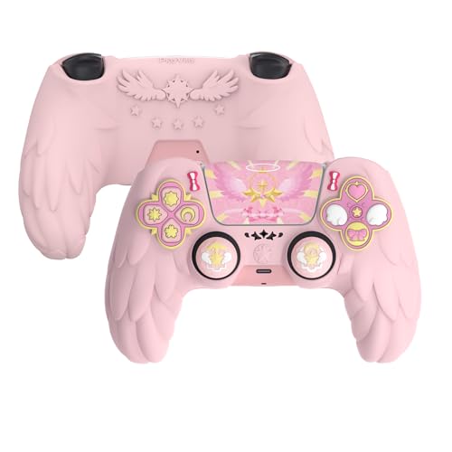 PlayVital Magic Wings Protective Silicone Cover Skin for ps5 Controller – Soft Anti-Slip Grip Protector Case for ps5 Controller with Thumbstick Caps & Stickers, Charging Station Compatible - Pink - Image 1
