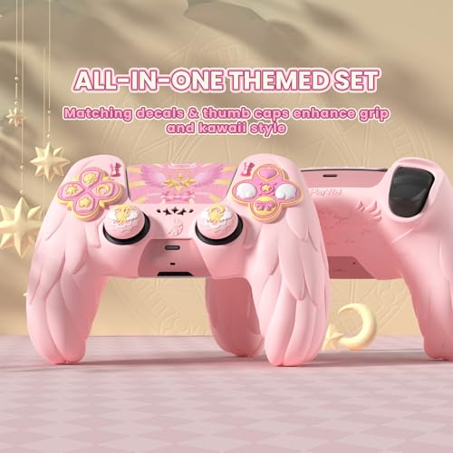 PlayVital Magic Wings Protective Silicone Cover Skin for ps5 Controller – Soft Anti-Slip Grip Protector Case for ps5 Controller with Thumbstick Caps & Stickers, Charging Station Compatible - Pink - Image 4