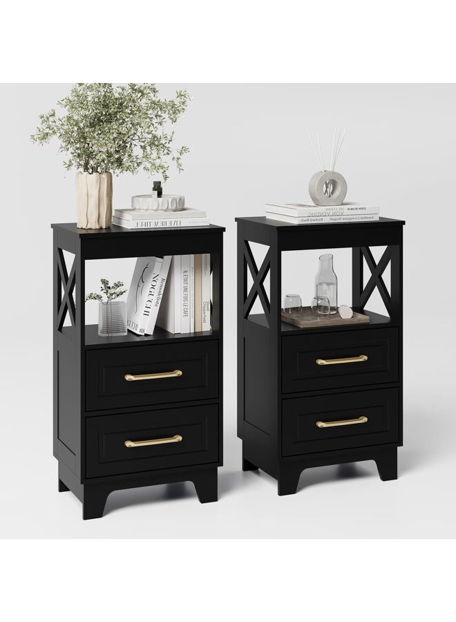 ZYKZYK Tall Nightstand Set of 2 Side Table with 2 Drawers Modern Night Stand Wooden End Table Bedside Table with Upper Open Shelf Solid Feet for Bedroom, Living Room, Black - Image 1