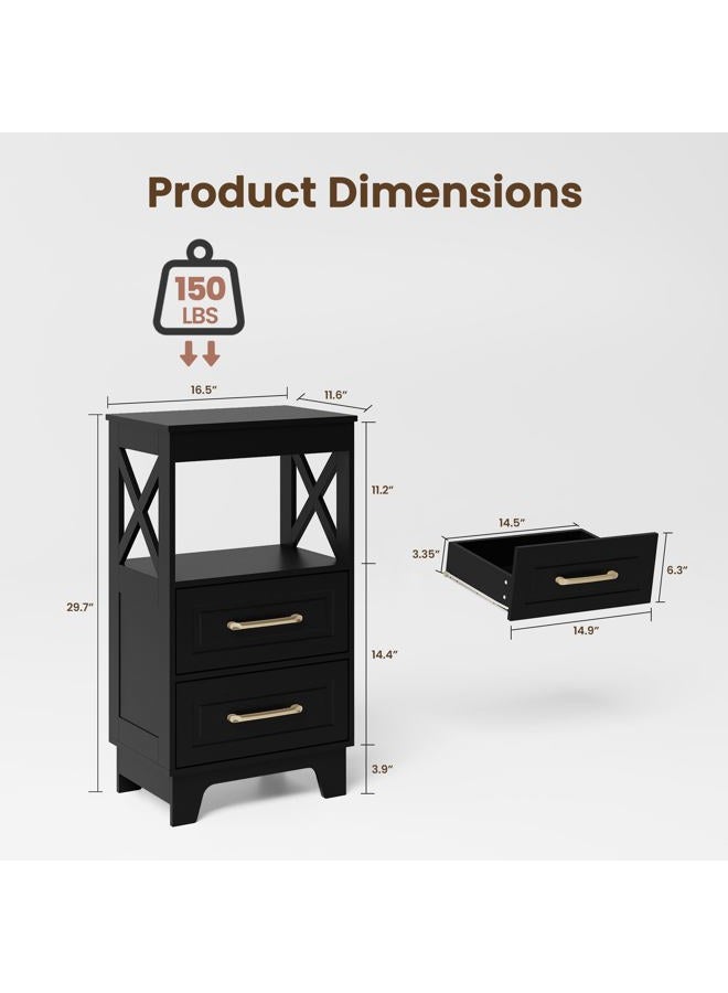 ZYKZYK Tall Nightstand Set of 2 Side Table with 2 Drawers Modern Night Stand Wooden End Table Bedside Table with Upper Open Shelf Solid Feet for Bedroom, Living Room, Black - Image 2
