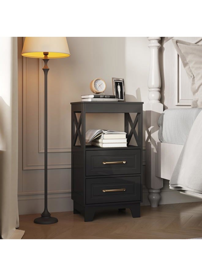 ZYKZYK Tall Nightstand Set of 2 Side Table with 2 Drawers Modern Night Stand Wooden End Table Bedside Table with Upper Open Shelf Solid Feet for Bedroom, Living Room, Black - Image 4