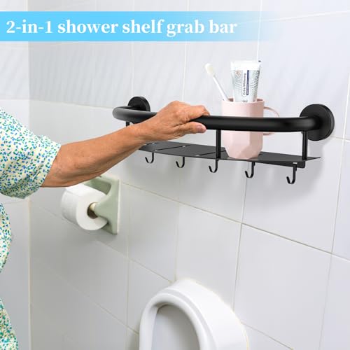 Zepolu Black Shower Grab Bar Shelf 18 Inch, Zepolu Stainless Steel Shampoo Shelf Grab Bar, Wall Mount Bathroom Shelves Safety Balanced Support Bar Handrail Assist Handle for Elderly Senior Handicap - Image 3