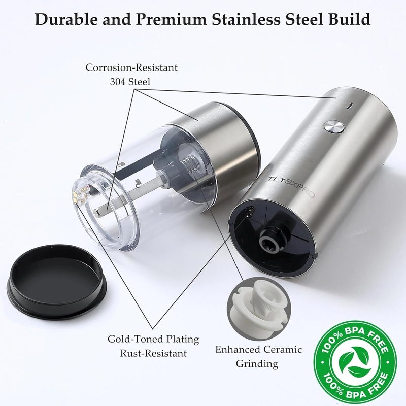 TLYSXPRO Electric Salt and Pepper Grinder Set, USB Rechargeable, Stainless Steel Automatic Salt and Pepper Mill Grinder with Adjustable Coarseness, Electric Salt Shakers, LED Light, Refillable (2 Packs) - Image 3