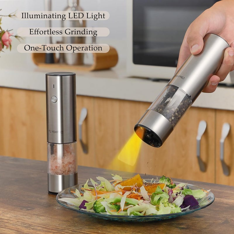 TLYSXPRO Electric Salt and Pepper Grinder Set, USB Rechargeable, Stainless Steel Automatic Salt and Pepper Mill Grinder with Adjustable Coarseness, Electric Salt Shakers, LED Light, Refillable (2 Packs) - Image 2