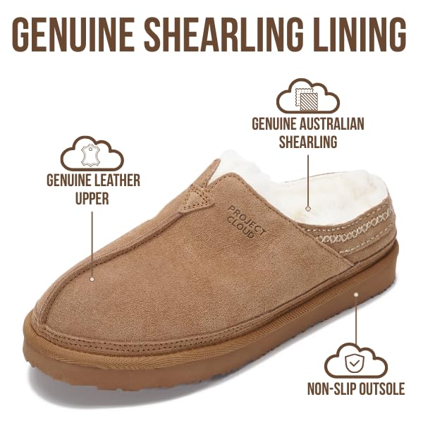 Project Cloud Mens Slippers 100% Genuine Leather & Australian Shearling Lining Furry House Slippers for Men with Memory Foam Insole - Lightweight and Non-Slip Mens Shoes (Unwind,CHSTNUTSDE,8.5) - Image 2