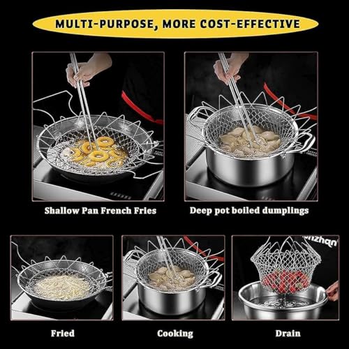 STAREWA Foldable Steam Rinse Deep Frying Basket, Stainless Steel Fry French Basket Strainer Net Fried Filter Drainage Rack for Fried Food or Fruits Multifunctional Kitchen Cooking Tool - Image 5