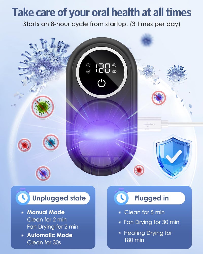 Temracha Toothbrush Sanitizer Holder, Upgraded UV Toothbrush Holder with Dual-Mode Clean & Fan Dry, LED Smart Screen, Auto-Inductive Cover, Toothbrush Wall Mounted Cleaner Organizer for Bathroom, Trip - Image 2