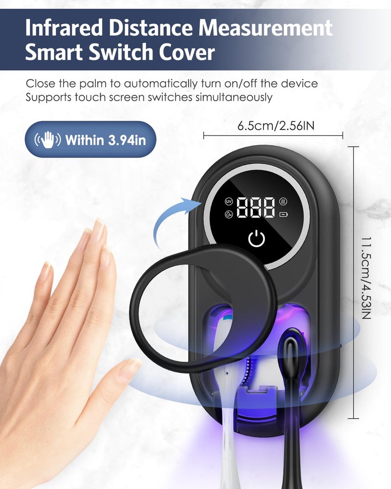 Temracha Toothbrush Sanitizer Holder, Upgraded UV Toothbrush Holder with Dual-Mode Clean & Fan Dry, LED Smart Screen, Auto-Inductive Cover, Toothbrush Wall Mounted Cleaner Organizer for Bathroom, Trip - Image 3