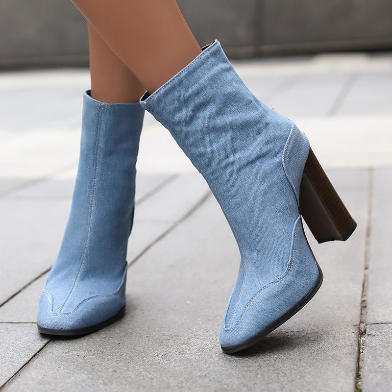 Joker Super High Heel Rivet 40-50 Plus Size Denim Low Barrel Women'S Boots - Image 2