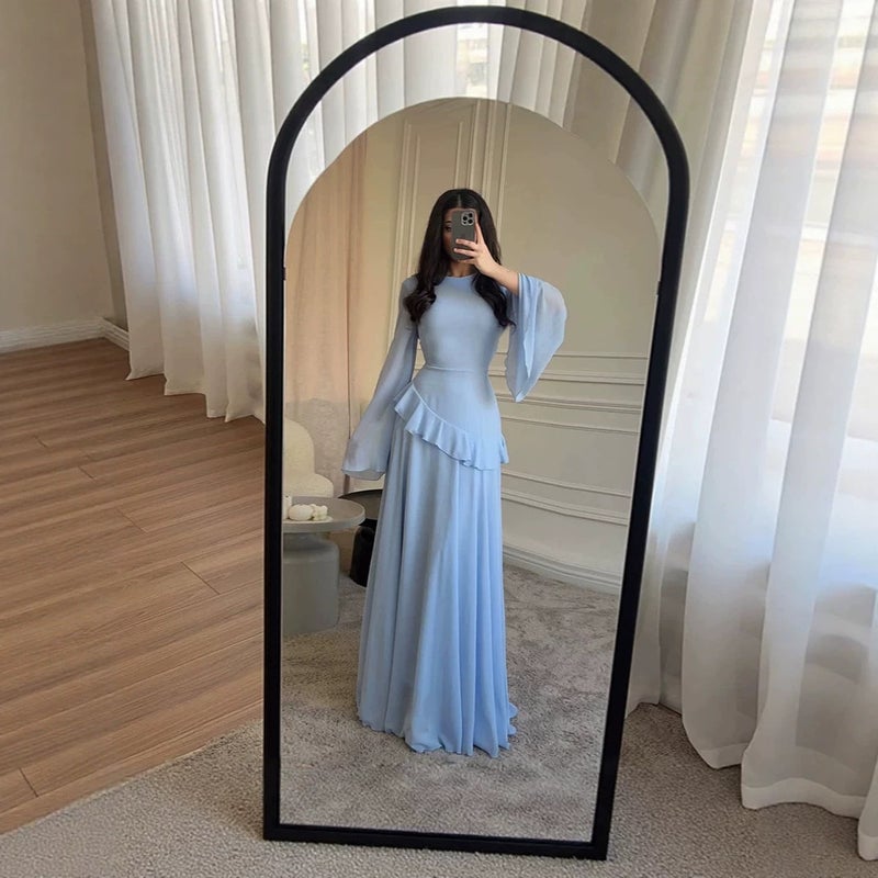 فستان شيفون أنيق بأكمام طويلة وخط A مع حافة كشكش - Image 2