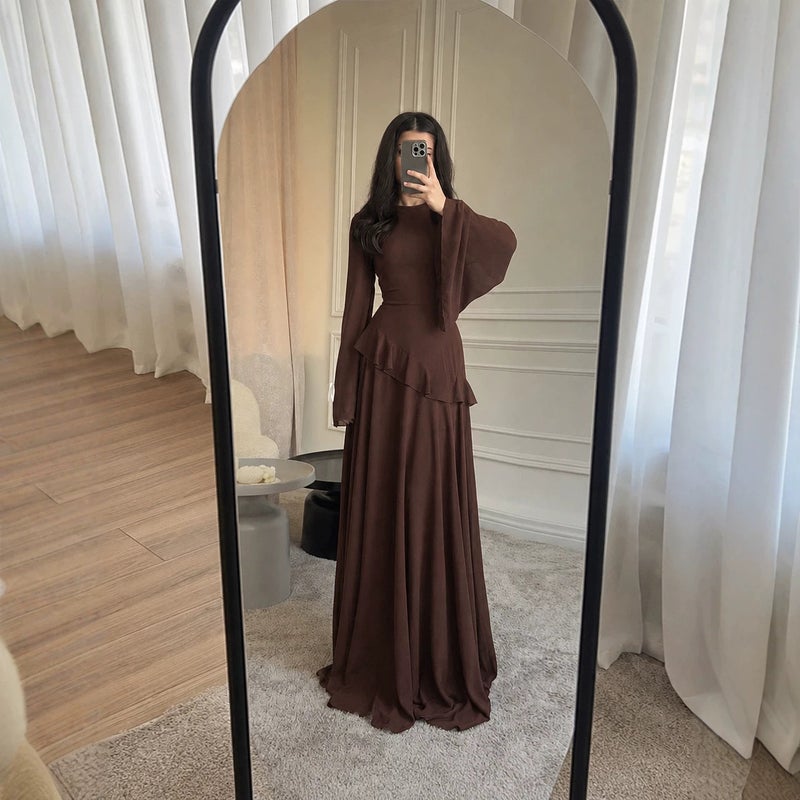 فستان شيفون أنيق بأكمام طويلة وخط A مع حافة كشكش - Image 4