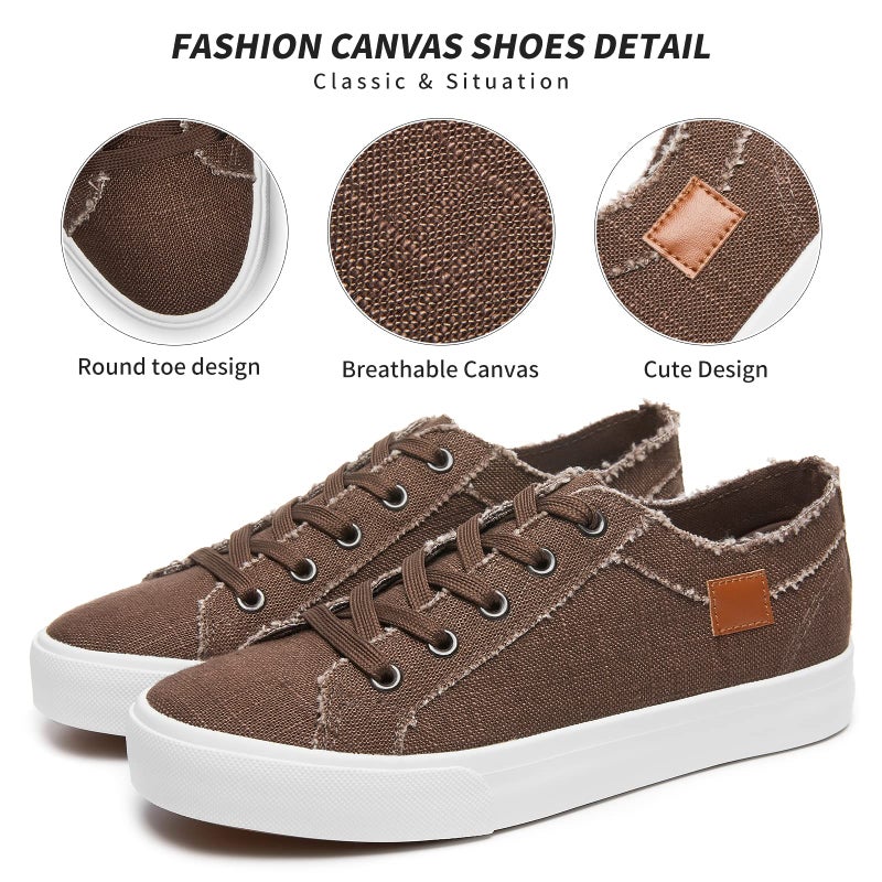 XRH Women's Sneakers Canvas Shoes for Women Lace up Fashion Canvas Sneakers Classic Low Top Casual Shoesï¼ˆBrown.US6ï¼‰ - Image 3