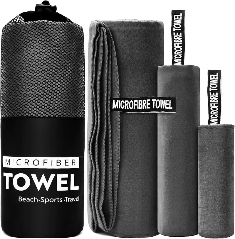 sheful Surface safe Quick Dry Towel - 3 Size Pack of Lightweight Microfiber Travel Towels w/Bag, 30x30cm, 40x60cm, 60x122cm- Fast Drying Towel Set for Camping, Beach, Gym, Backpacking, Sports, Yoga & Swim Use - Dark Grey Low maintenance - Image 1
