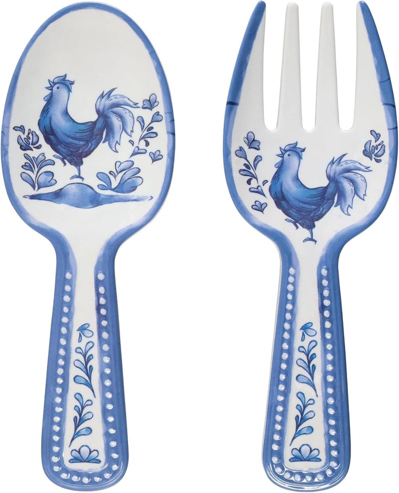 UPware Blue Rooster Melamine Salad Servers, Serving Utensil Set, Includes Serving Fork and Spoon for Tossing Salad, Pasta, Blue, 10.75 Inch, Set of 2 - Image 1