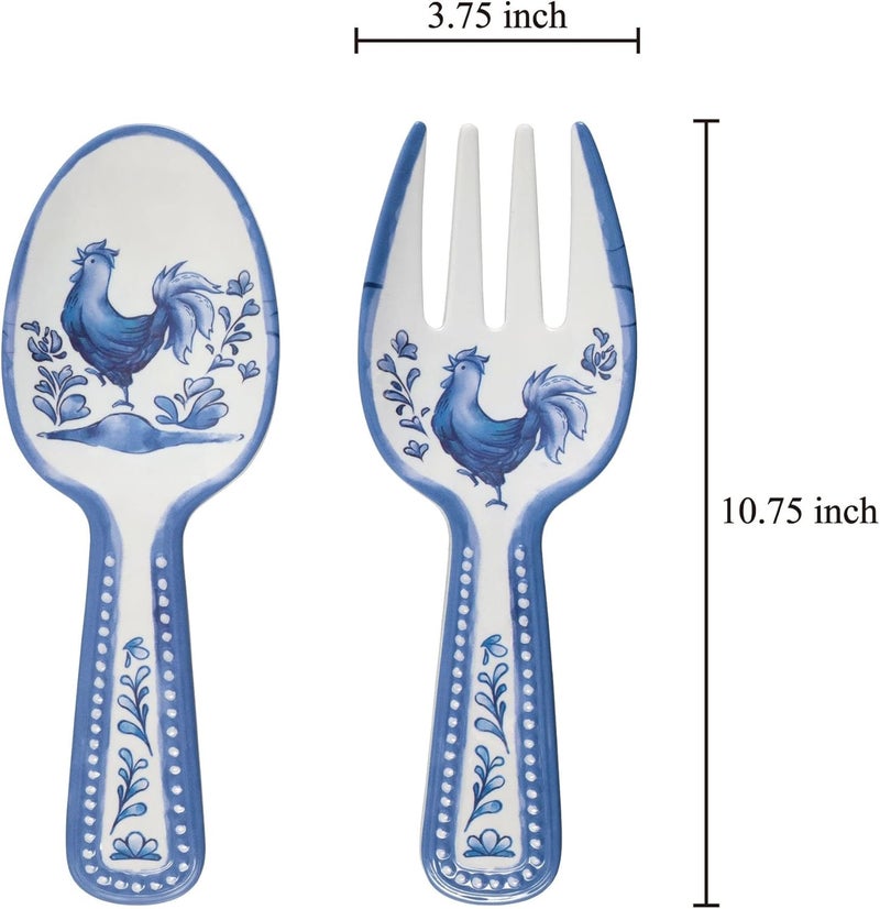 UPware Blue Rooster Melamine Salad Servers, Serving Utensil Set, Includes Serving Fork and Spoon for Tossing Salad, Pasta, Blue, 10.75 Inch, Set of 2 - Image 2