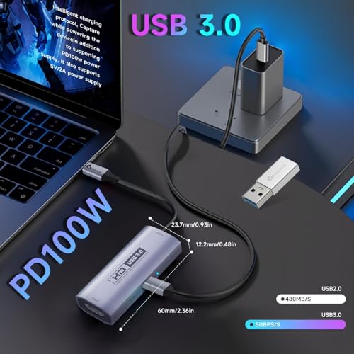 Guermok 4K USB3.0 Video Capture Card with PD 100W, 2K@30FPS or 1080P@60FPS HDMI to USB-A/C Capture Card for Streaming, Works with iPad Quest 3, MacOS, Switch2/1 PS5/4, Xbox, Camera, Silver - Image 3