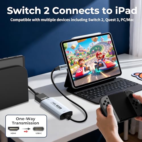 Guermok 4K USB3.0 Video Capture Card with PD 100W, 2K@30FPS or 1080P@60FPS HDMI to USB-A/C Capture Card for Streaming, Works with iPad Quest 3, MacOS, Switch2/1 PS5/4, Xbox, Camera, Silver - Image 5