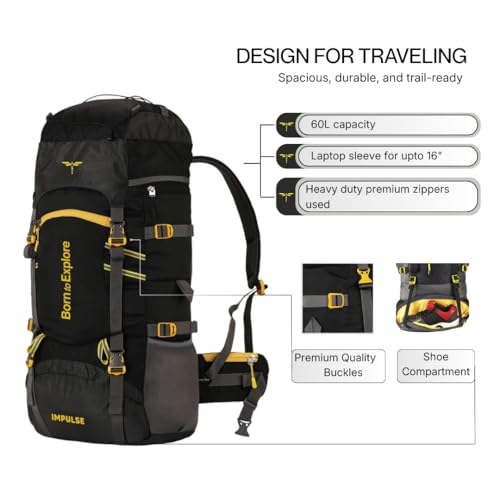 Impulse Rucksack Travel Bags for Men, Tourist Backpack for Hiking, Trekking Camping Thames Blue Bag with 1 Year Warranty, Cedar Black, 60 Litres - Image 3