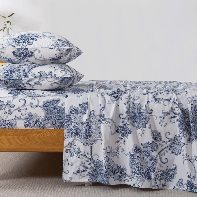 FADFAY King Sheets Set Percale Cotton Floral Bed Sheets Deep Pocket Fitted Sheet, Luxury Blue Floral Pattern Classic European Style Bedding for All Season, Super Soft Crisp & Breathe,4Pcs - Image 1