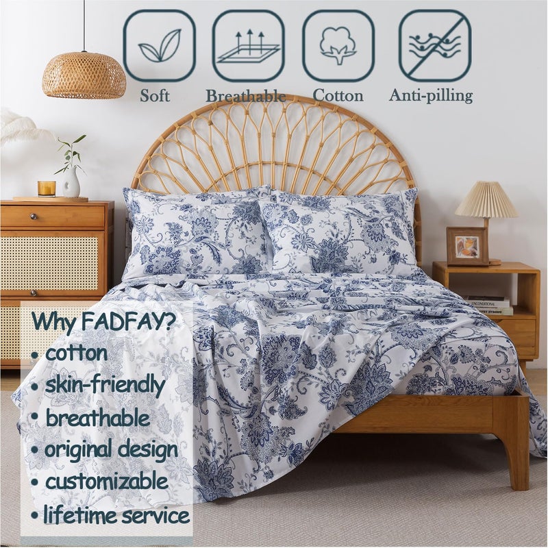 FADFAY King Sheets Set Percale Cotton Floral Bed Sheets Deep Pocket Fitted Sheet, Luxury Blue Floral Pattern Classic European Style Bedding for All Season, Super Soft Crisp & Breathe,4Pcs - Image 2