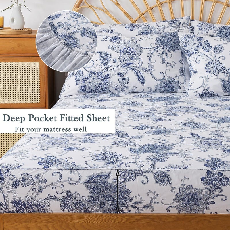 FADFAY King Sheets Set Percale Cotton Floral Bed Sheets Deep Pocket Fitted Sheet, Luxury Blue Floral Pattern Classic European Style Bedding for All Season, Super Soft Crisp & Breathe,4Pcs - Image 3