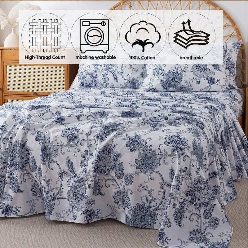FADFAY King Sheets Set Percale Cotton Floral Bed Sheets Deep Pocket Fitted Sheet, Luxury Blue Floral Pattern Classic European Style Bedding for All Season, Super Soft Crisp & Breathe,4Pcs - Image 4