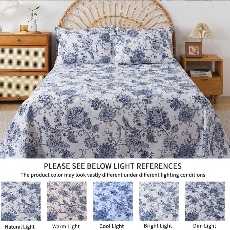 FADFAY King Sheets Set Percale Cotton Floral Bed Sheets Deep Pocket Fitted Sheet, Luxury Blue Floral Pattern Classic European Style Bedding for All Season, Super Soft Crisp & Breathe,4Pcs - Image 5