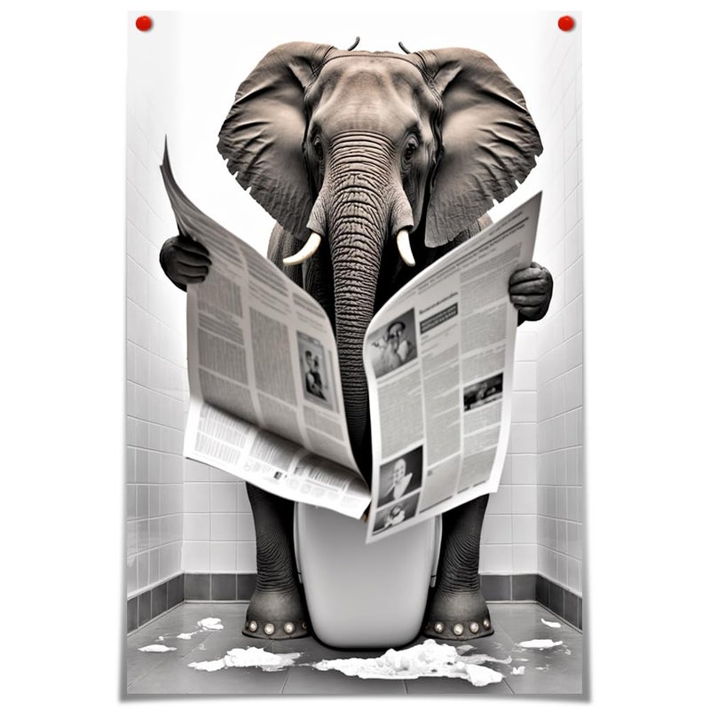 HOME TROVE  Funny Elephant Bathroom Canvas Wall Art Elephant Reading Newspapers on Toilet Pictures Poster Prints Black and White Maximalist Mid Century Modern Aesthetic wall decor 16x24in Unframed - Image 1