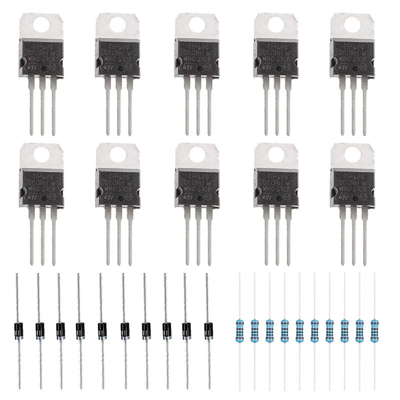 DOUKI 30pcs TIP120 60V 5A NPN Darlington Bipolar Power Transistor TO-220 3Pin for Arduino with 2.2k Ohm Resistors, 1N4001 DIODE - Image 1