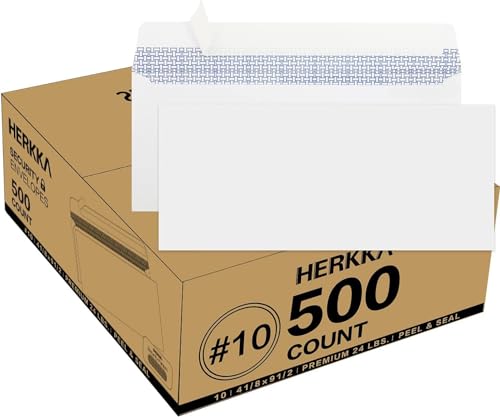 HERKKA #10 Security Self-Seal Envelopes, No.10 Windowless Bussiness Envelopes, Security Tinted with Printer Friendly Design - Size 4-1/8 x 9-1/2 Inch - White - 24 LB - 500 Pack - Image 1