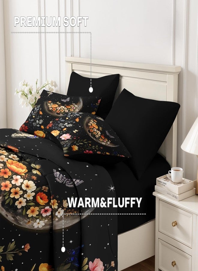 Nesker Comforter Set Queen Size, Moon Witchy Floral Flowers 7 Pcs Bedding for Kids and Adults, Dreamy Moonlit Butterfly Bed Sheet Sets with Fitted Sheet 2 Pillowcases & 2 Shams - Image 5