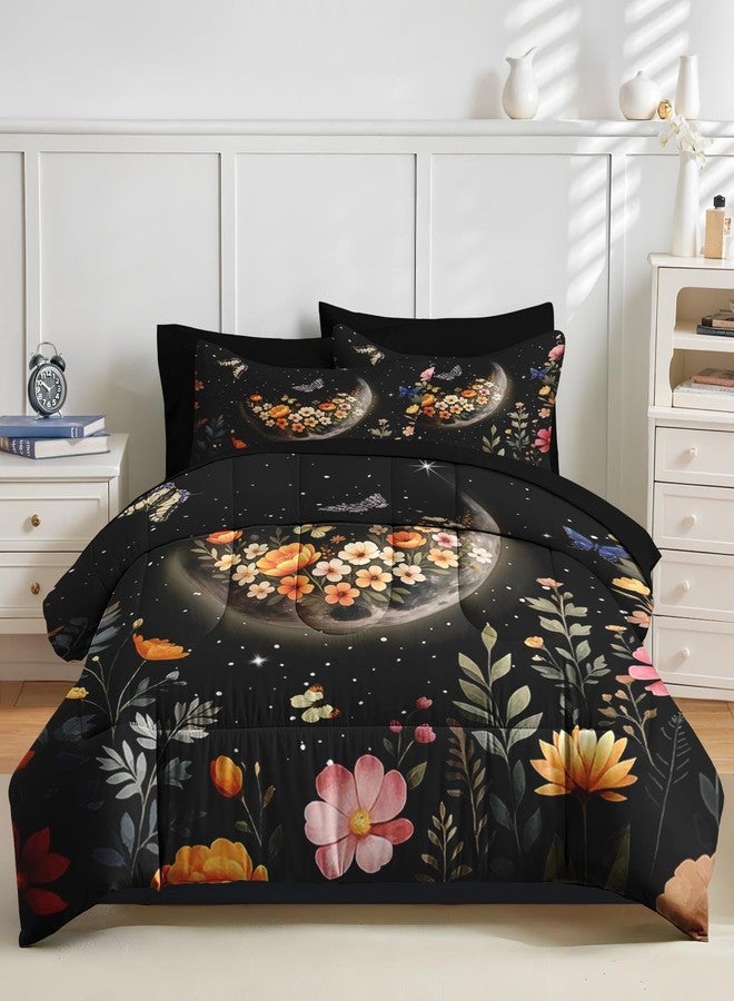 Nesker Comforter Set Queen Size, Moon Witchy Floral Flowers 7 Pcs Bedding for Kids and Adults, Dreamy Moonlit Butterfly Bed Sheet Sets with Fitted Sheet 2 Pillowcases & 2 Shams - Image 3