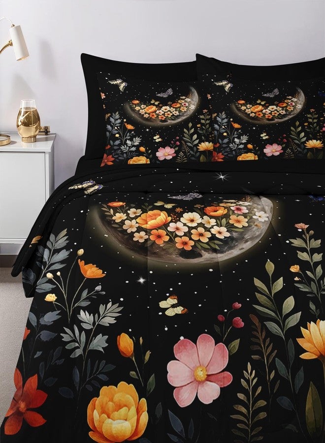 Nesker Comforter Set Queen Size, Moon Witchy Floral Flowers 7 Pcs Bedding for Kids and Adults, Dreamy Moonlit Butterfly Bed Sheet Sets with Fitted Sheet 2 Pillowcases & 2 Shams - Image 4
