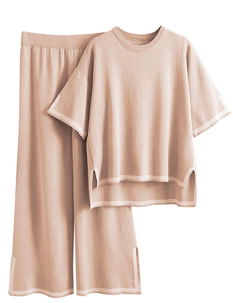 Tanming Sweater Sets Women 2 Piece Lounge Sets Short Sleeve Knit Pullover Tops Wide Leg Pants (Khaki-S) - Image 1