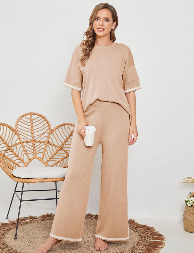 Tanming Sweater Sets Women 2 Piece Lounge Sets Short Sleeve Knit Pullover Tops Wide Leg Pants (Khaki-S) - Image 4