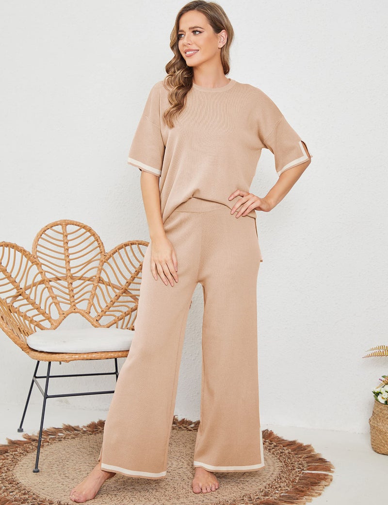 Tanming Sweater Sets Women 2 Piece Lounge Sets Short Sleeve Knit Pullover Tops Wide Leg Pants (Khaki-S) - Image 3