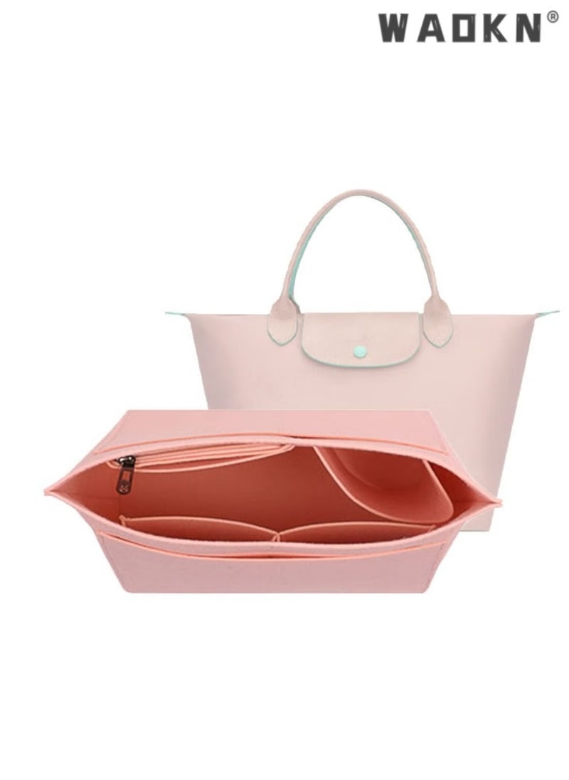Inner Tank Short Handle Small Storage Bun Dumpling Bun Felt Makeup Bun Multi Pocket Felt Handbag Organizer, Folding Tote Bag organizer insert, for Insert Wallet Organizer, Small, Pink