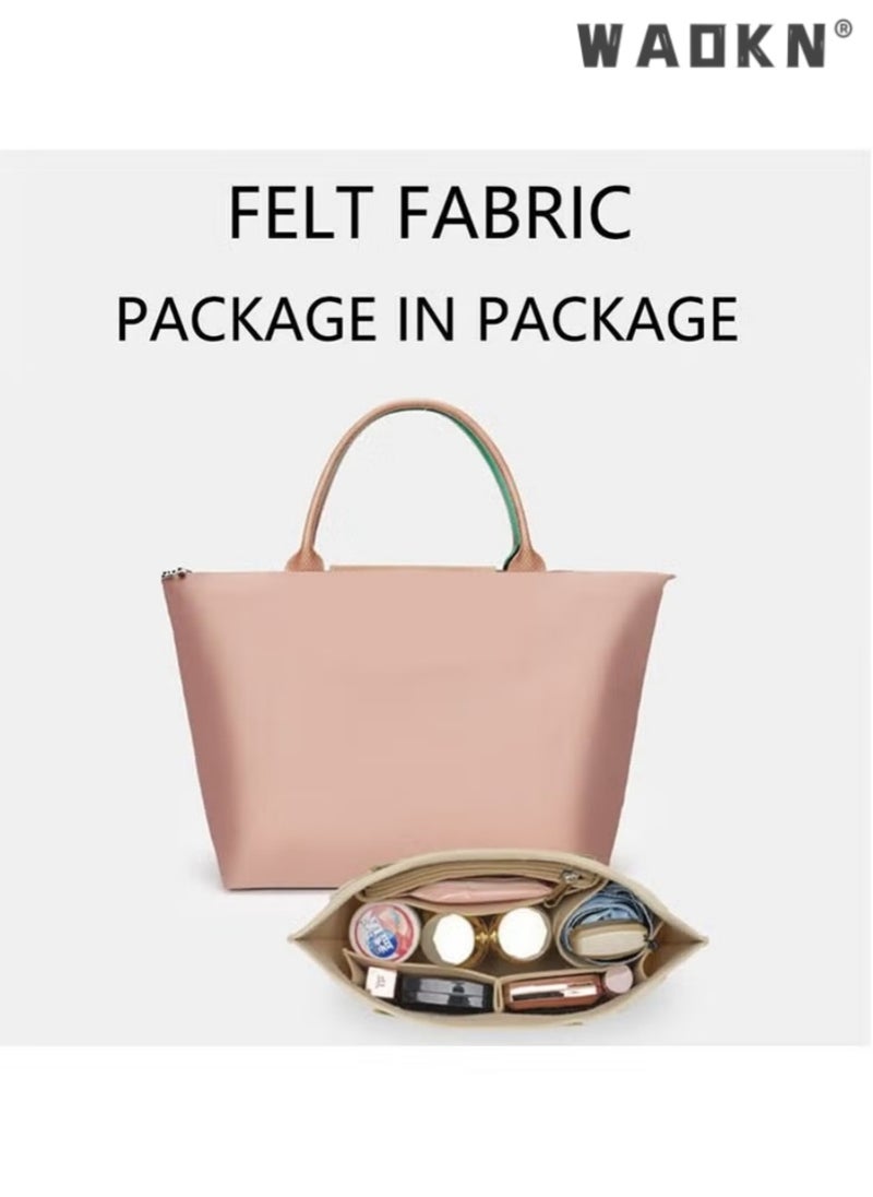 Inner Tank Short Handle Small Storage Bun Dumpling Bun Felt Makeup Bun Multi Pocket Felt Handbag Organizer, Folding Tote Bag organizer insert, for Insert Wallet Organizer, Small, Pink