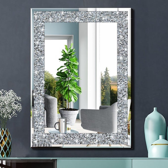CRYSTAL CRUSH DIAMOND RECTANGLE SILVER MIRROR FOR WALL DECORATION 20X28INCH WALL HANG FRAMELESS MIRROR GLASS DIAMOND DECOR