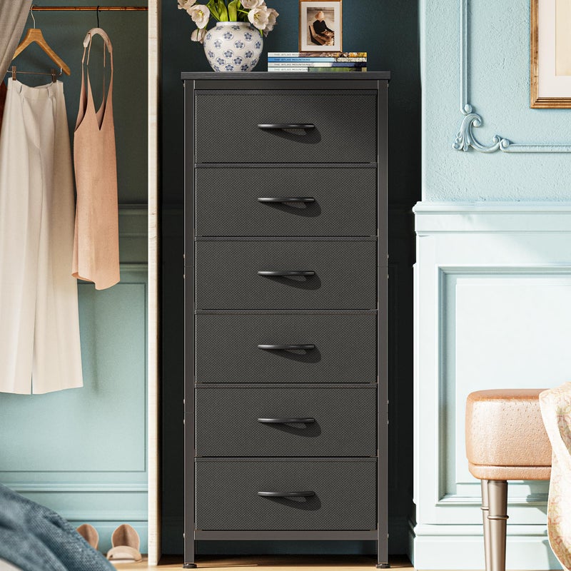 Huuger 43.3 Inch Tall Dresser for Bedroom, 6 Drawer Night Stand & Chests of Drawers, Fabric Dresser for Closet, Bedroom, Nightstand, End Table with Metal Frame, Storage Tower with Fabric Bins, Black - Image 1