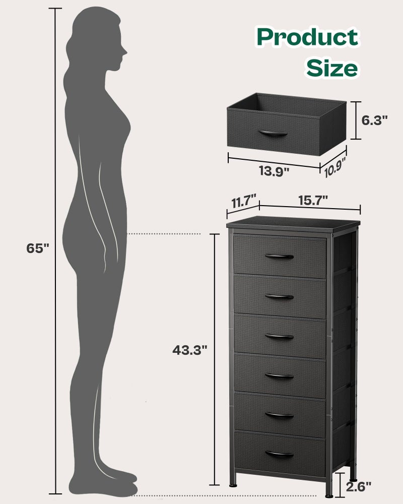 Huuger 43.3 Inch Tall Dresser for Bedroom, 6 Drawer Night Stand & Chests of Drawers, Fabric Dresser for Closet, Bedroom, Nightstand, End Table with Metal Frame, Storage Tower with Fabric Bins, Black - Image 5