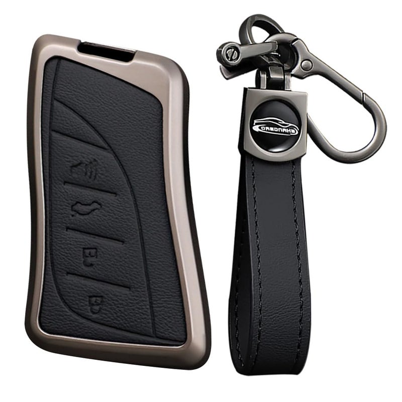KUNIO Leather Metal Car Key Fob Cover Case Fit for Lexus ES LS LC RX NX LX TX GX Series RX350 ES350 ES300h 2025 LC500h GX460 2024 Key Holder Key Fob Shell Accessories 4 Button BlackLong Keychain