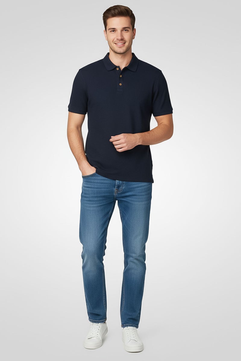 Rainforest Men Regular Fit Textured Short Sleeve Polo Shirt, Navy - Image 1