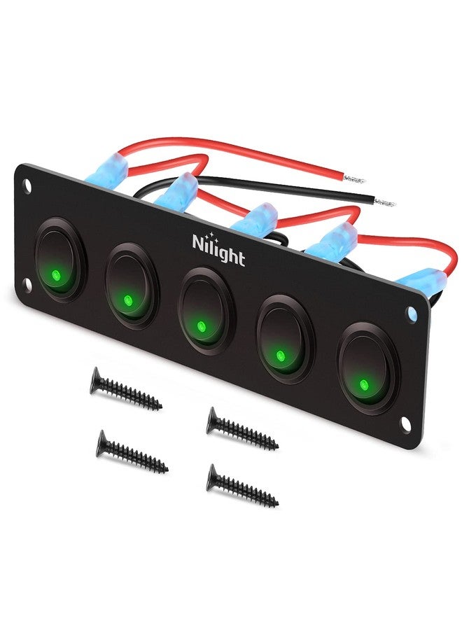 Nilight 5 Gang 3 Pin Rocker Switch Panel 20A Waterproof On Off 12V Green Toggle for Cars Trucks Boats - Image 1