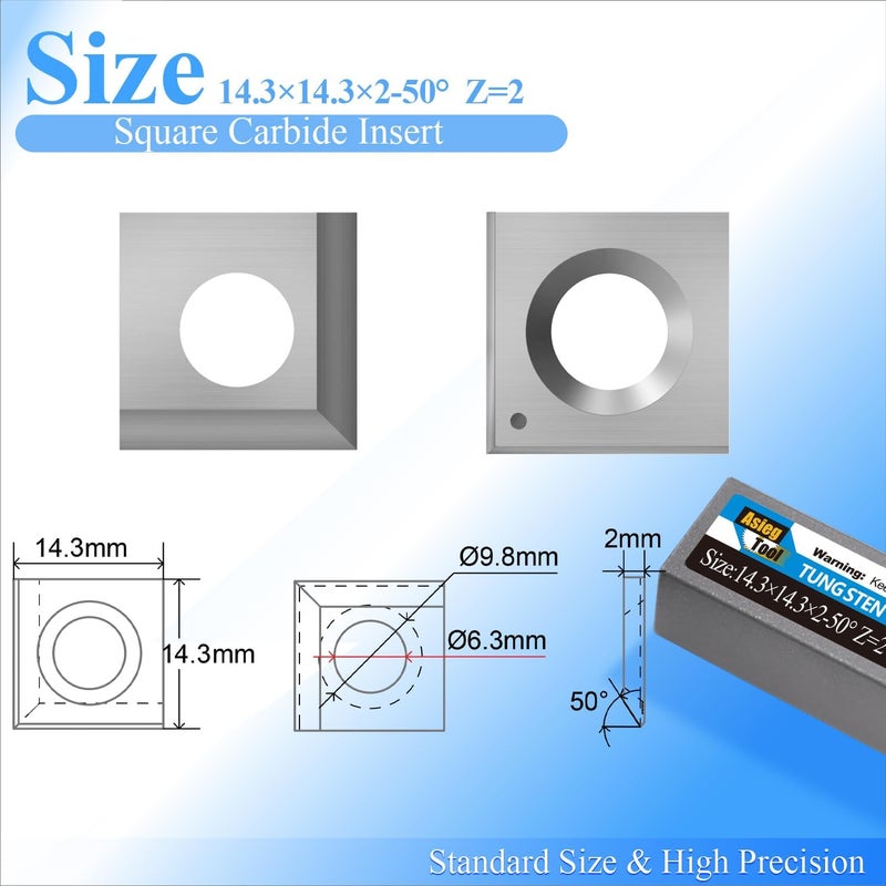 Asieg Tool 14.3x14.3x2.0-50° Carbide Inserts Cutters Knives 2 Cutting Edges for Cutech Tool Planer Jointer 40700H-CT 4700HC-CT 40100H-CT 40600H-80100-CT 40200H-CT 40600HC-80100-CT 40200HC-CT Head 10pc - Image 2