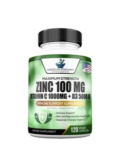 Zinc 100mg, Vitamin C 1000mg, Vitamin D 5000IU per Serving, Immune Support for Adults, Immune System Booster Supplements, Non GMO, No Filler, No Stearate, 120 Vegan Capsules, 60 Day Supply