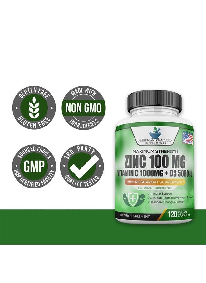 American Standard Supplements - Zinc 100mg, Vitamin C 1000mg, Vitamin D 5000IU per Serving, Immune Support for Adults, Immune System Booster Supplements, Non GMO, No Filler, No Stearate, 120 Vegan Capsules, 60 Day Supply - Image 1